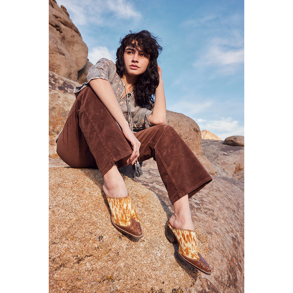 Myra Orange Western Hairon Leather Mules for Women â€“ Pointed Toe, Low Heels, Handtooled Western Slip - Ons - PhishStones Products