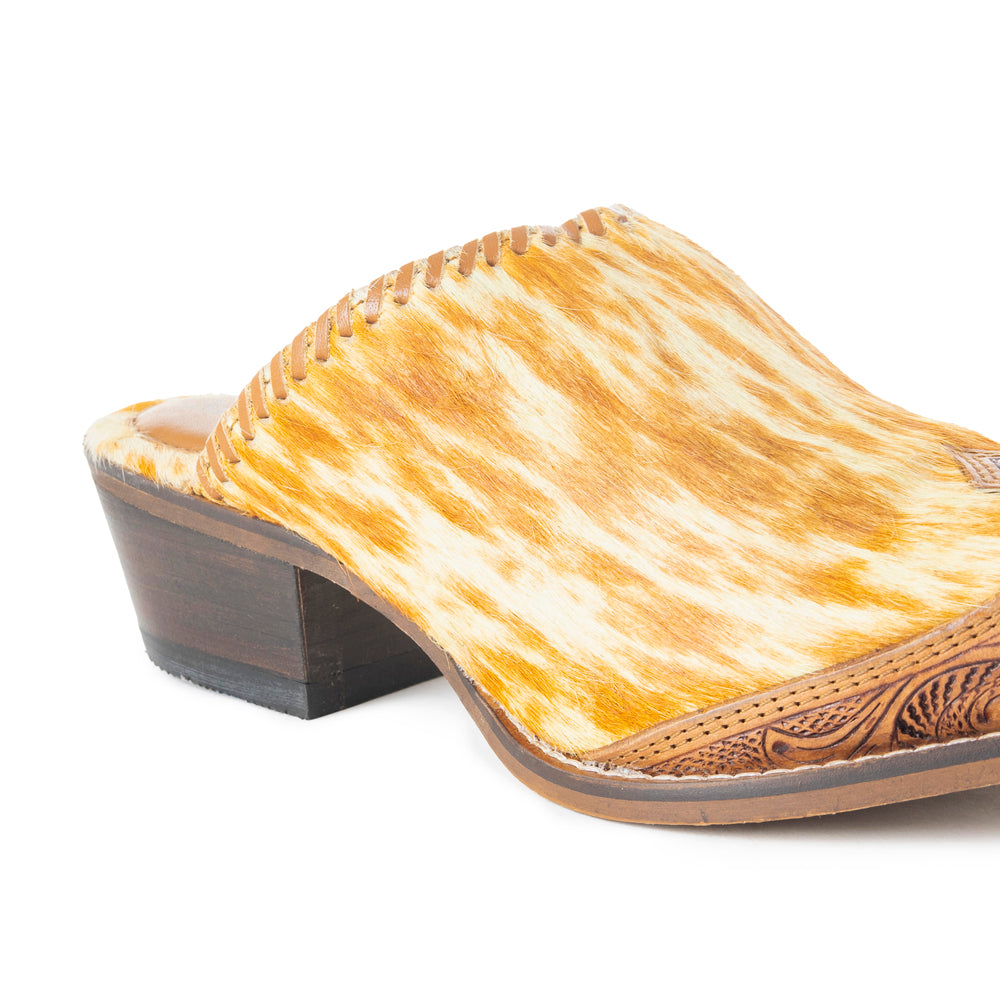 Myra Orange Western Hairon Leather Mules for Women â€“ Pointed Toe, Low Heels, Handtooled Western Slip - Ons - PhishStones Products