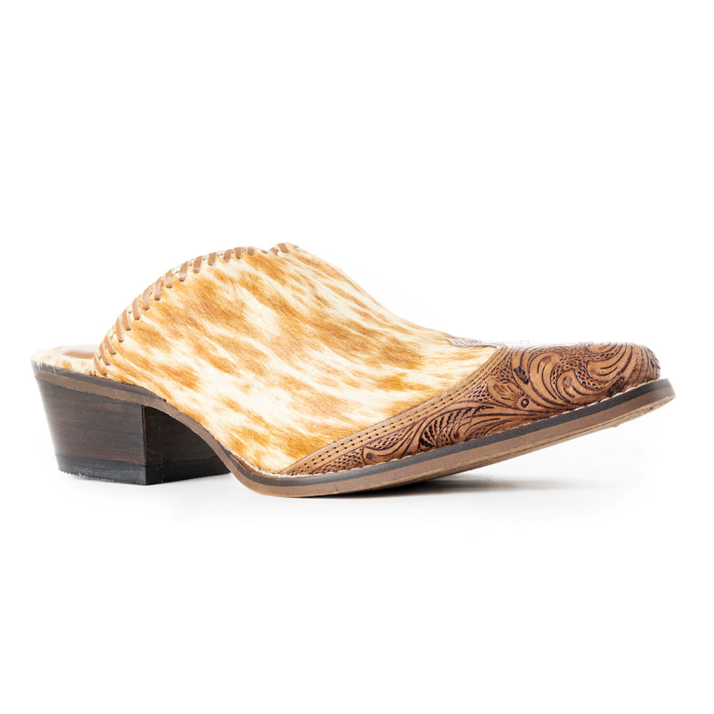 Myra Orange Western Hairon Leather Mules for Women â€“ Pointed Toe, Low Heels, Handtooled Western Slip - Ons - PhishStones Products