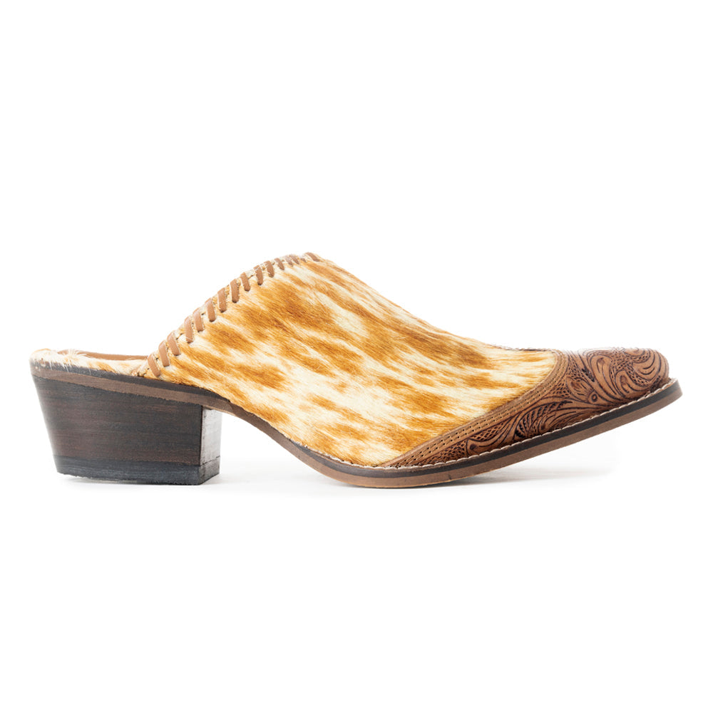 Myra Orange Western Hairon Leather Mules for Women â€“ Pointed Toe, Low Heels, Handtooled Western Slip - Ons - PhishStones Products