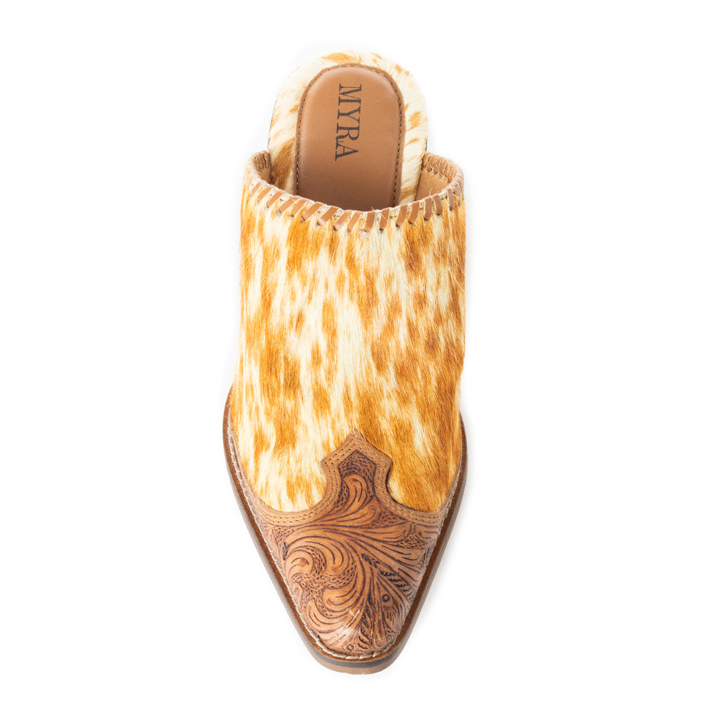 Myra Orange Western Hairon Leather Mules for Women â€“ Pointed Toe, Low Heels, Handtooled Western Slip - Ons - PhishStones Products