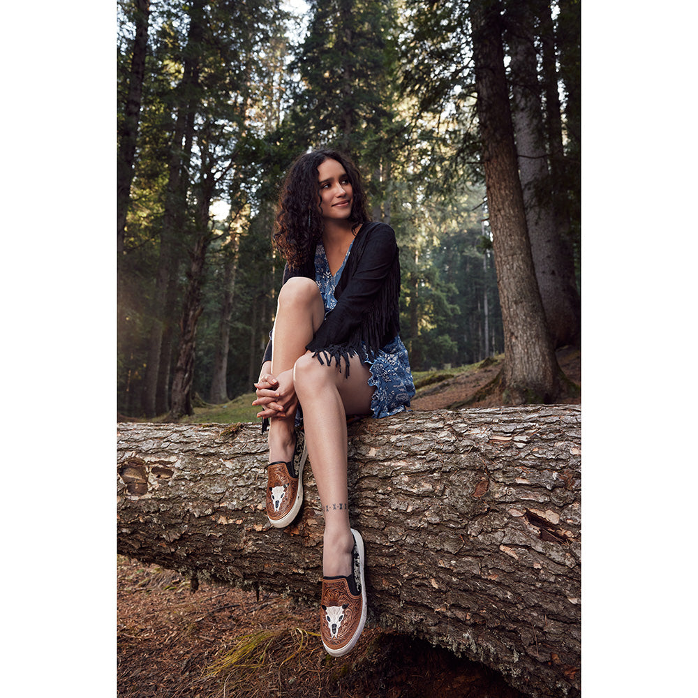 Myra Reflexo Textured Leather Slip - Ons - Hairon Cowhide & Floral Tooling Comfort Sneakers for Women - PhishStones Products