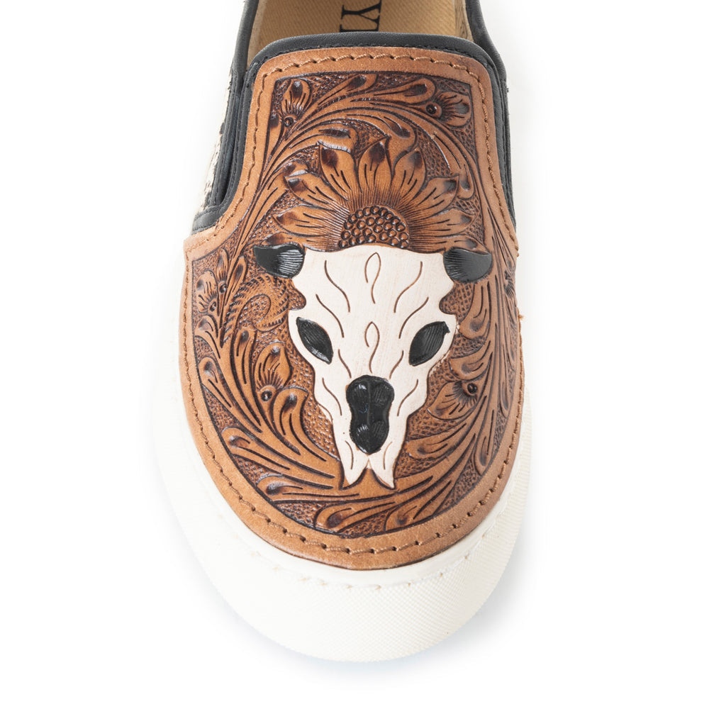 Myra Reflexo Textured Leather Slip - Ons - Hairon Cowhide & Floral Tooling Comfort Sneakers for Women - PhishStones Products
