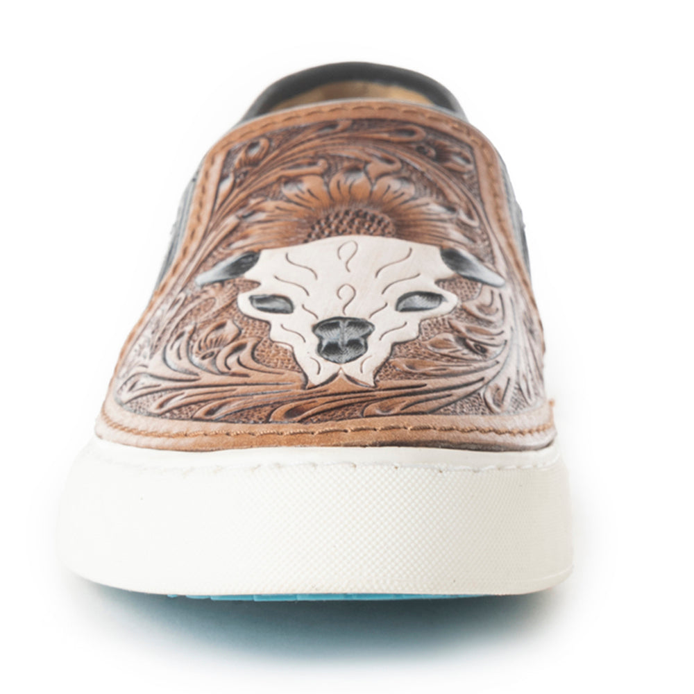Myra Reflexo Textured Leather Slip - Ons - Hairon Cowhide & Floral Tooling Comfort Sneakers for Women - PhishStones Products