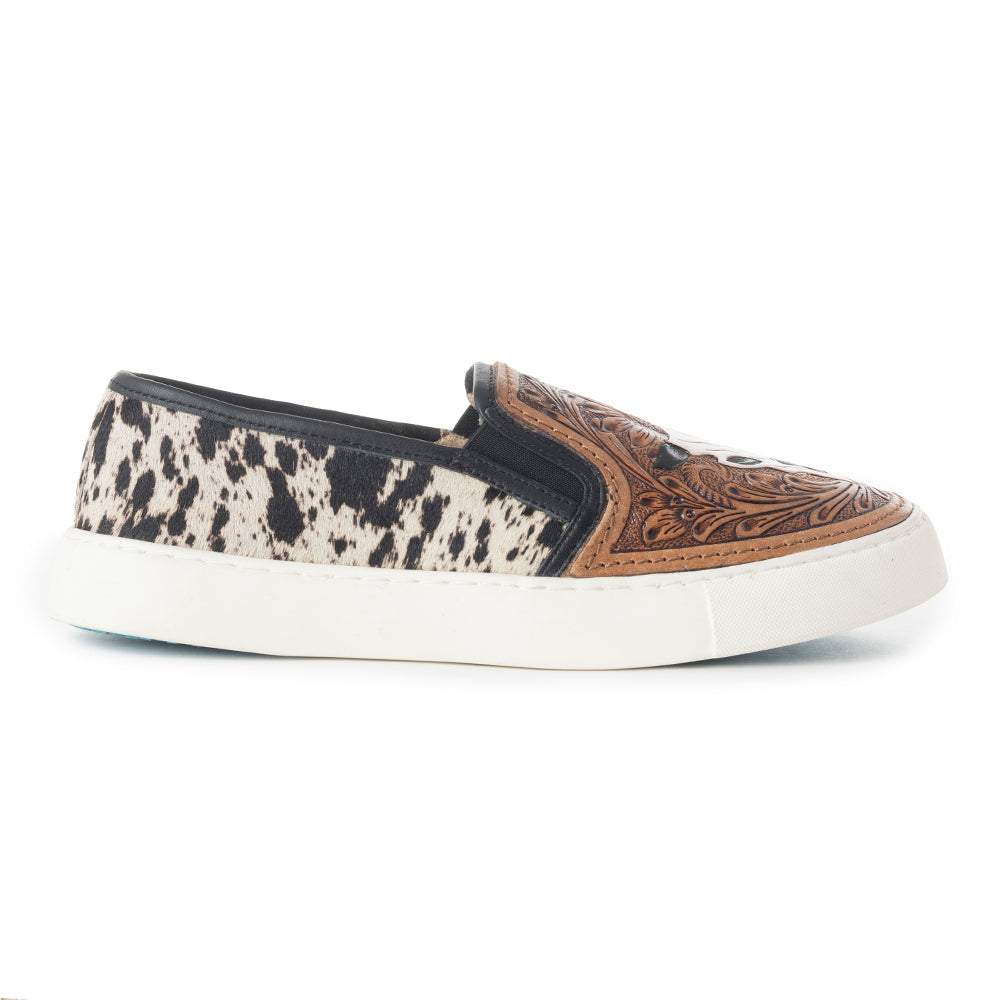 Myra Reflexo Textured Leather Slip - Ons - Hairon Cowhide & Floral Tooling Comfort Sneakers for Women - PhishStones Products