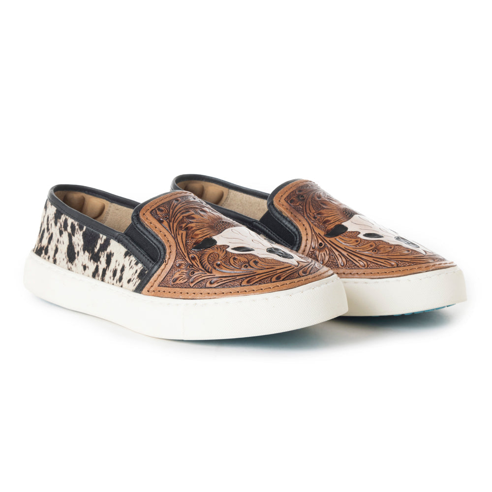 Myra Reflexo Textured Leather Slip - Ons - Hairon Cowhide & Floral Tooling Comfort Sneakers for Women - PhishStones Products