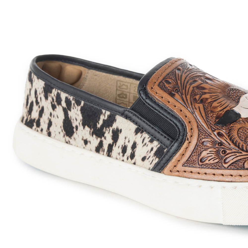 Myra Reflexo Textured Leather Slip - Ons - Hairon Cowhide & Floral Tooling Comfort Sneakers for Women - PhishStones Products