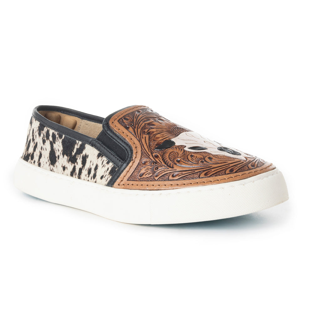 Myra Reflexo Textured Leather Slip - Ons - Hairon Cowhide & Floral Tooling Comfort Sneakers for Women - PhishStones Products