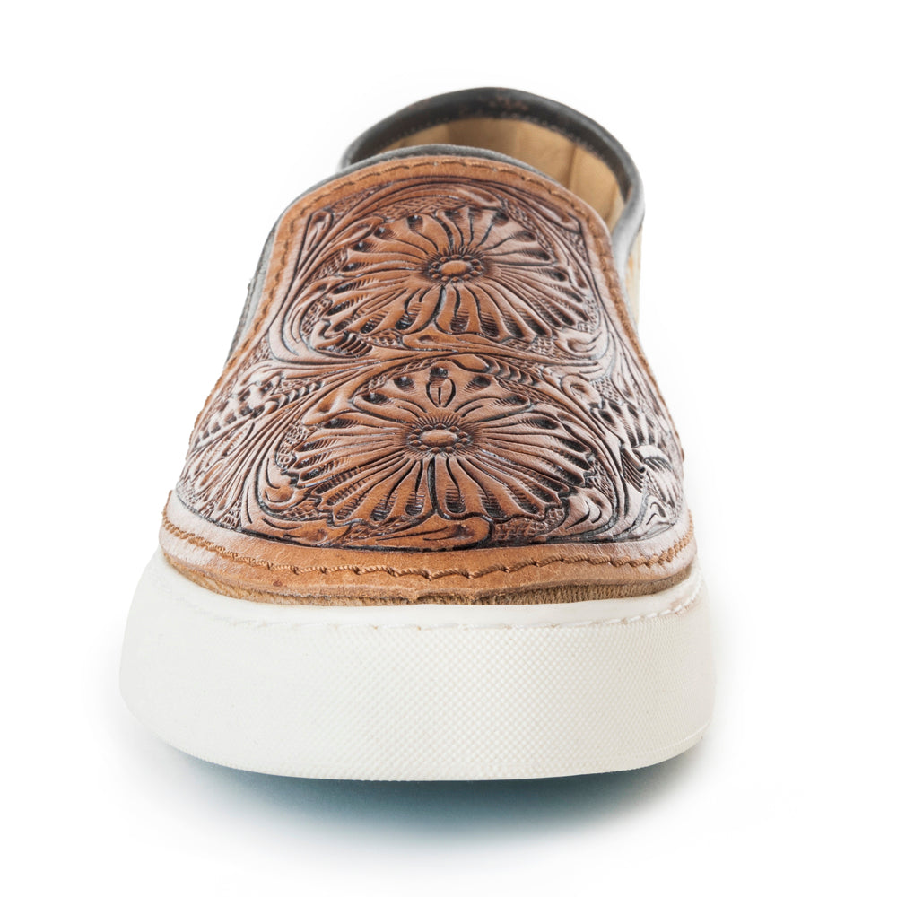Myra Rodon Western Handtooled Leather Slip - On Sneakers – Cowgirl Casual Shoes with Floral Engraving and Hairon Accents - PhishStones Products