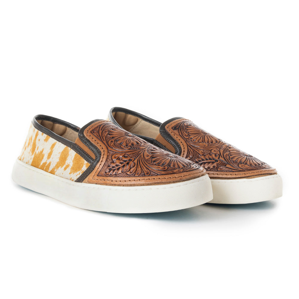 Myra Rodon Western Handtooled Leather Slip - On Sneakers – Cowgirl Casual Shoes with Floral Engraving and Hairon Accents - PhishStones Products