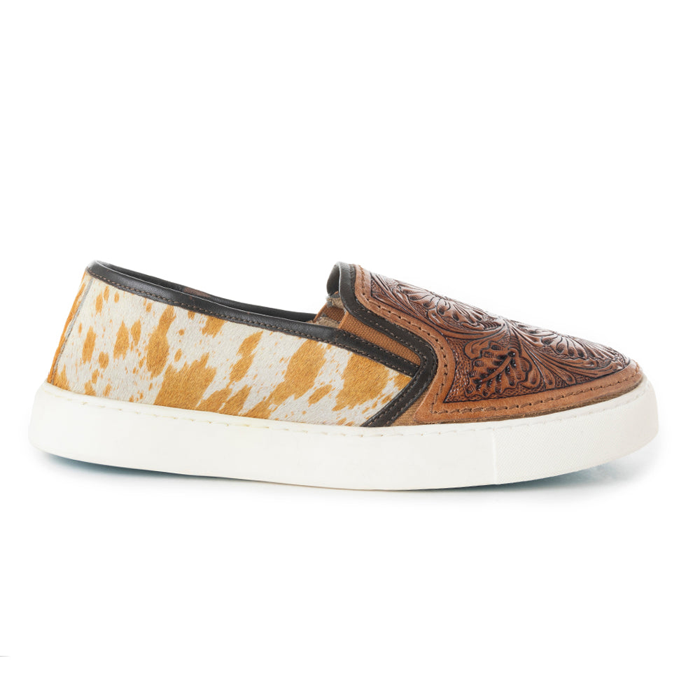 Myra Rodon Western Handtooled Leather Slip - On Sneakers – Cowgirl Casual Shoes with Floral Engraving and Hairon Accents - PhishStones Products