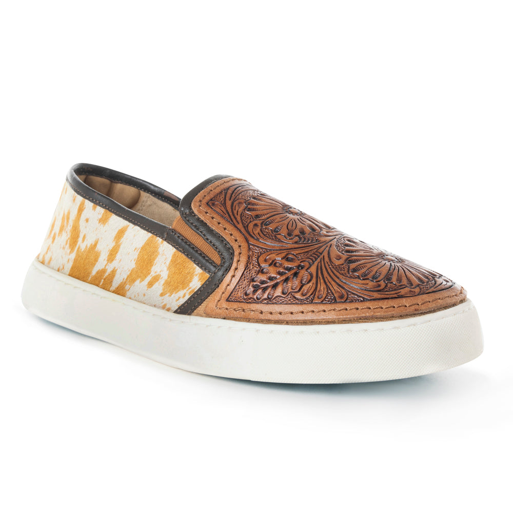 Myra Rodon Western Handtooled Leather Slip - On Sneakers – Cowgirl Casual Shoes with Floral Engraving and Hairon Accents - PhishStones Products