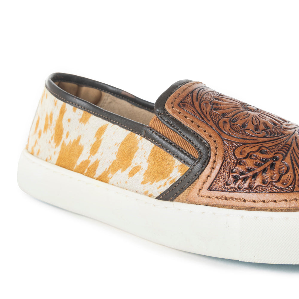 Myra Rodon Western Handtooled Leather Slip - On Sneakers – Cowgirl Casual Shoes with Floral Engraving and Hairon Accents - PhishStones Products