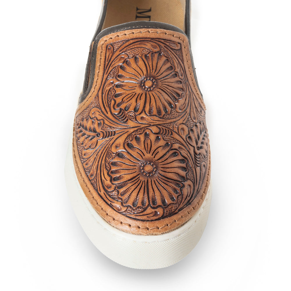 Myra Rodon Western Handtooled Leather Slip - On Sneakers – Cowgirl Casual Shoes with Floral Engraving and Hairon Accents - PhishStones Products