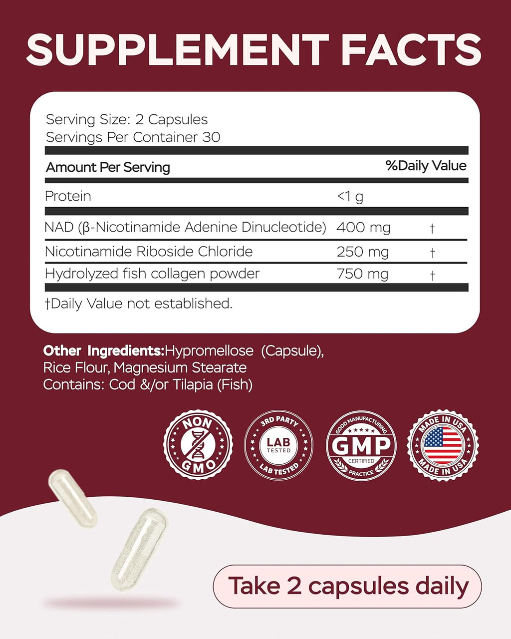 NAD Plus Supplement 1400mg with Nicotinamide Riboside, Collagen - 60 Capsules - PhishStones Products