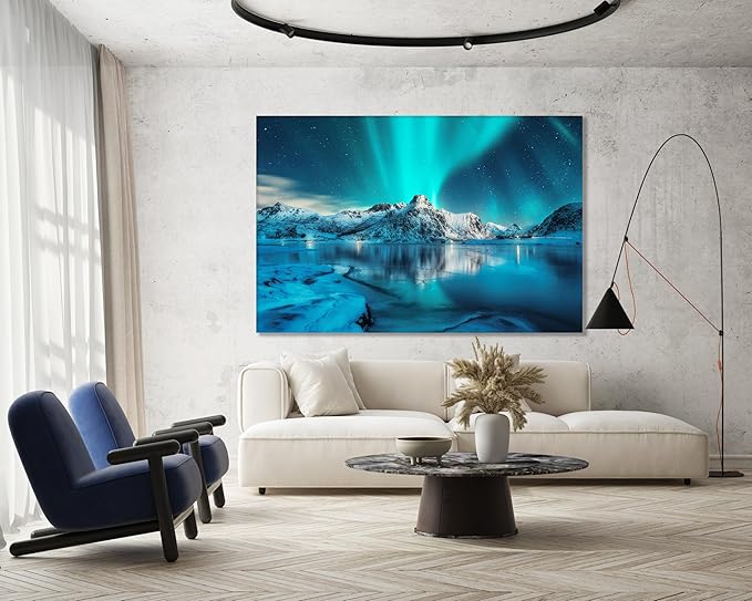 Nature Wall Art Prints - Ocean Forest Mountain Lake Canvas Landscapes - Small to Extra Large Living Room Bedroom Kitchen Bathroom Décor (Northern Lights Over Lake, 20L" x 30W") - PhishStones Products