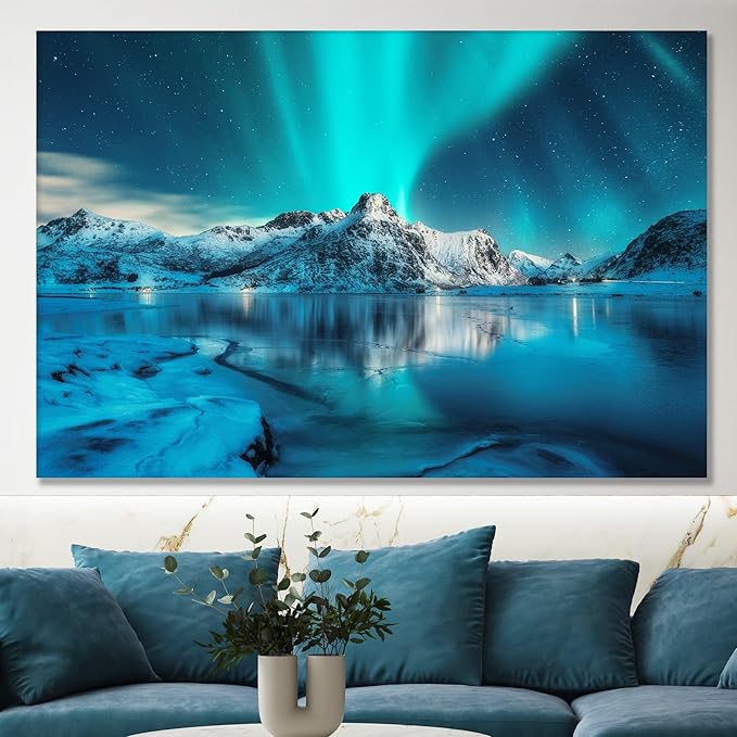 Nature Wall Art Prints - Ocean Forest Mountain Lake Canvas Landscapes - Small to Extra Large Living Room Bedroom Kitchen Bathroom Décor (Northern Lights Over Lake, 20L" x 30W") - PhishStones Products