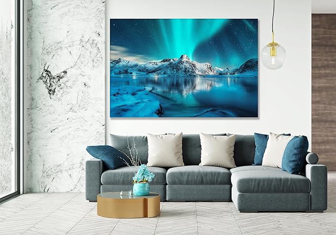 Nature Wall Art Prints - Ocean Forest Mountain Lake Canvas Landscapes - Small to Extra Large Living Room Bedroom Kitchen Bathroom Décor (Northern Lights Over Lake, 20L" x 30W") - PhishStones Products
