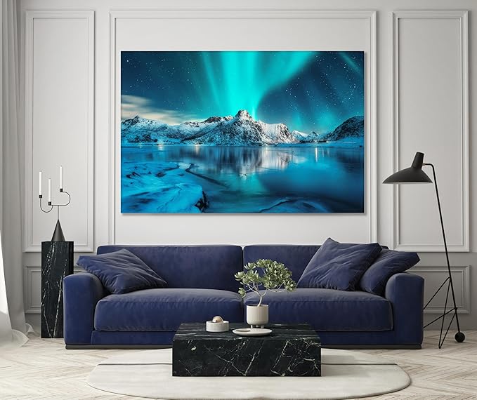 Nature Wall Art Prints - Ocean Forest Mountain Lake Canvas Landscapes - Small to Extra Large Living Room Bedroom Kitchen Bathroom Décor (Northern Lights Over Lake, 20L" x 30W") - PhishStones Products