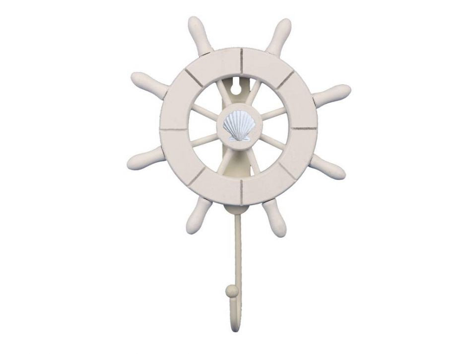 White Decorative Ship Wheel with Seashell and Hook 8"