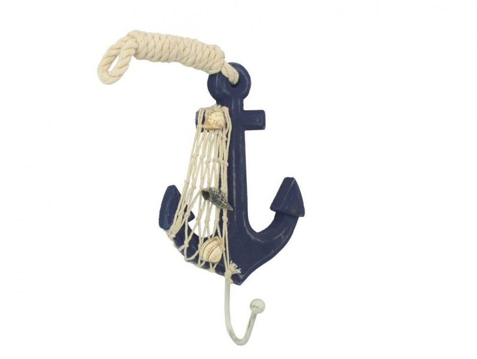 Wooden Rustic Decorative Blue Anchor with Hook 7""