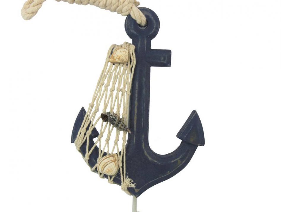 Wooden Rustic Decorative Blue Anchor with Hook 7""