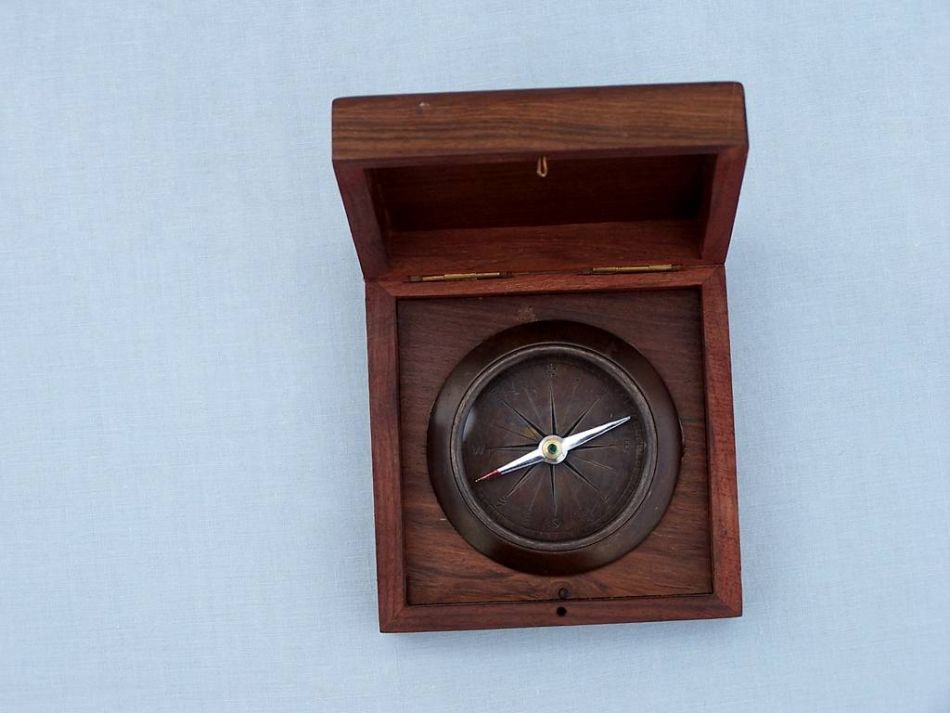 Antique Copper Captains Desk Compass with Rosewood Box 4""