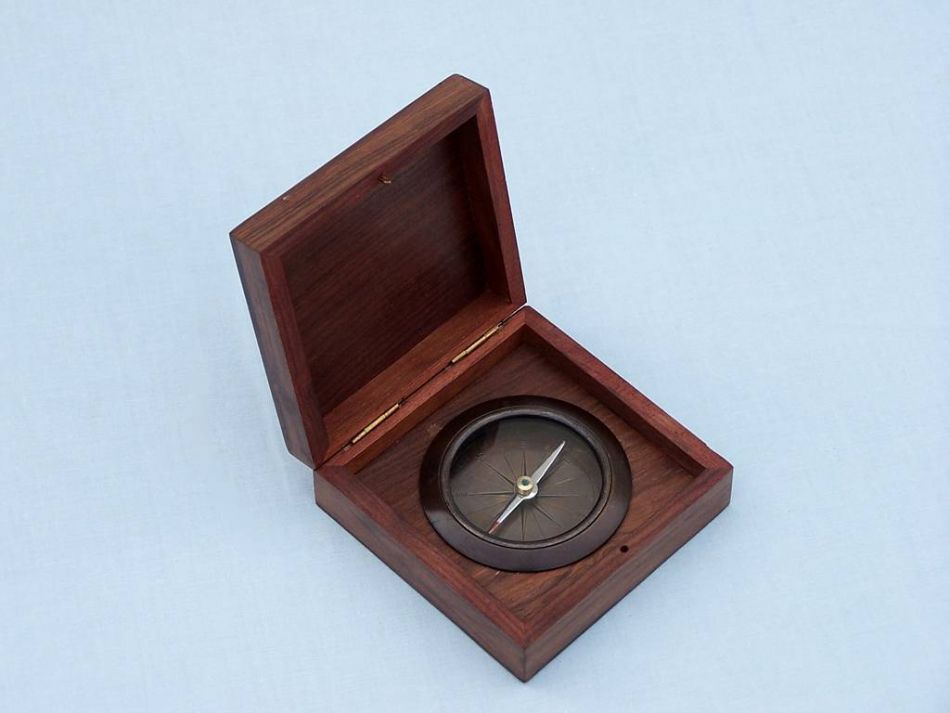 Antique Copper Captains Desk Compass with Rosewood Box 4""