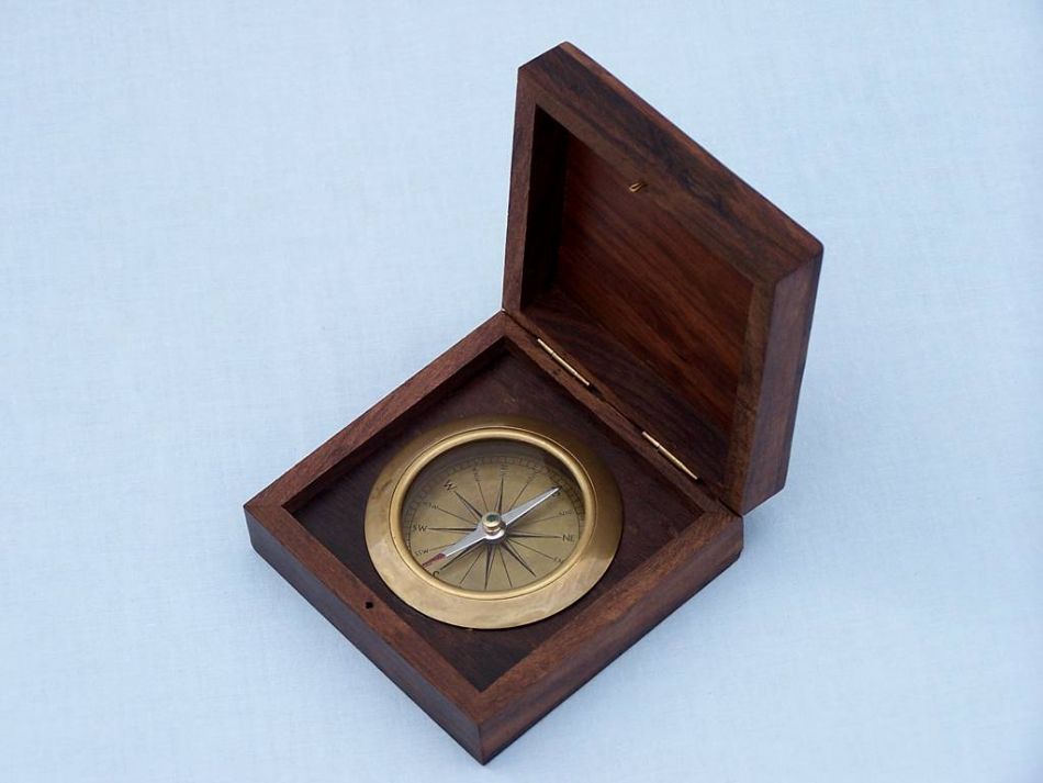 Antique Brass Captains Desk Compass with Rosewood Box 4""