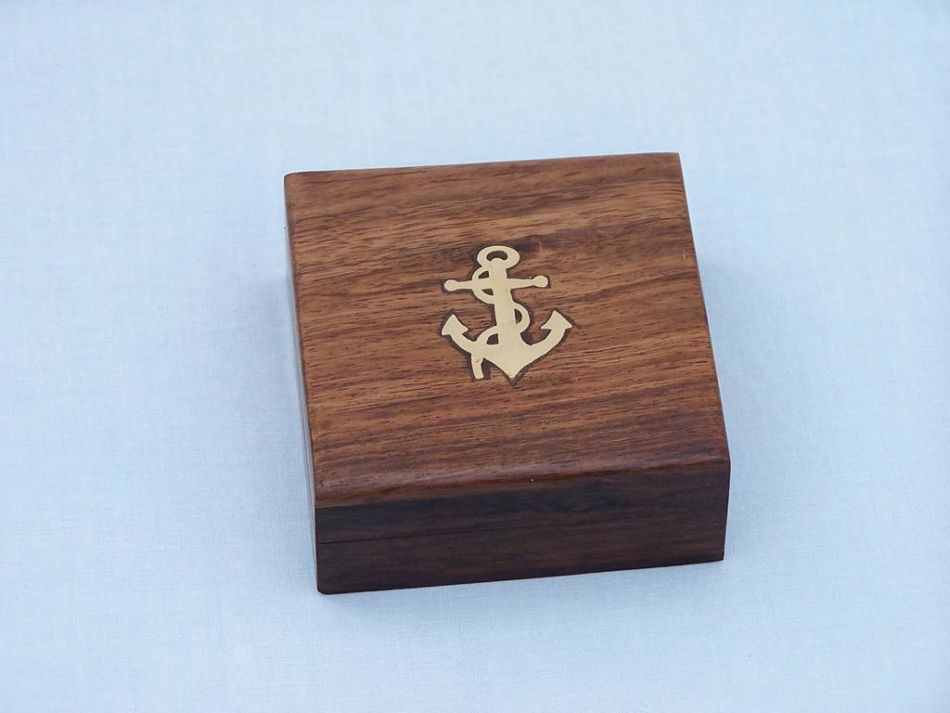 Antique Brass Captains Desk Compass with Rosewood Box 4""