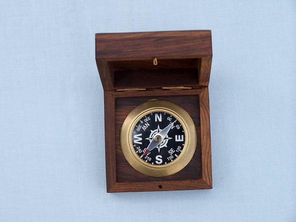 Antique Brass Black Desk Compass with Rosewood Box 3""