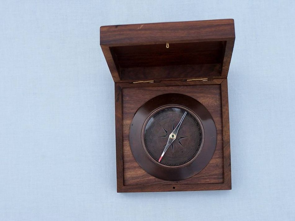 Antique Copper Admirals Desk Compass with Rosewood Box 5""