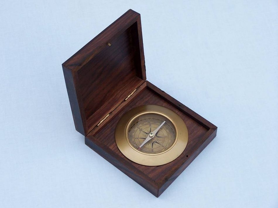Antique Brass Admirals Desk Compass with Rosewood Box 5""
