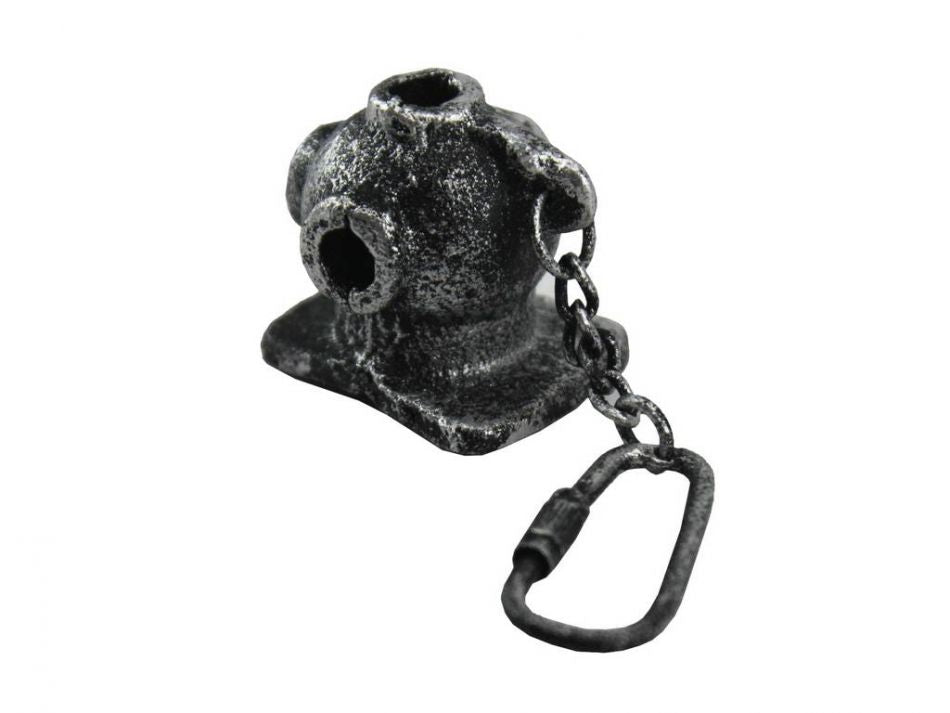 Antique Silver Cast Iron Diver Helmet Key Chain 5""
