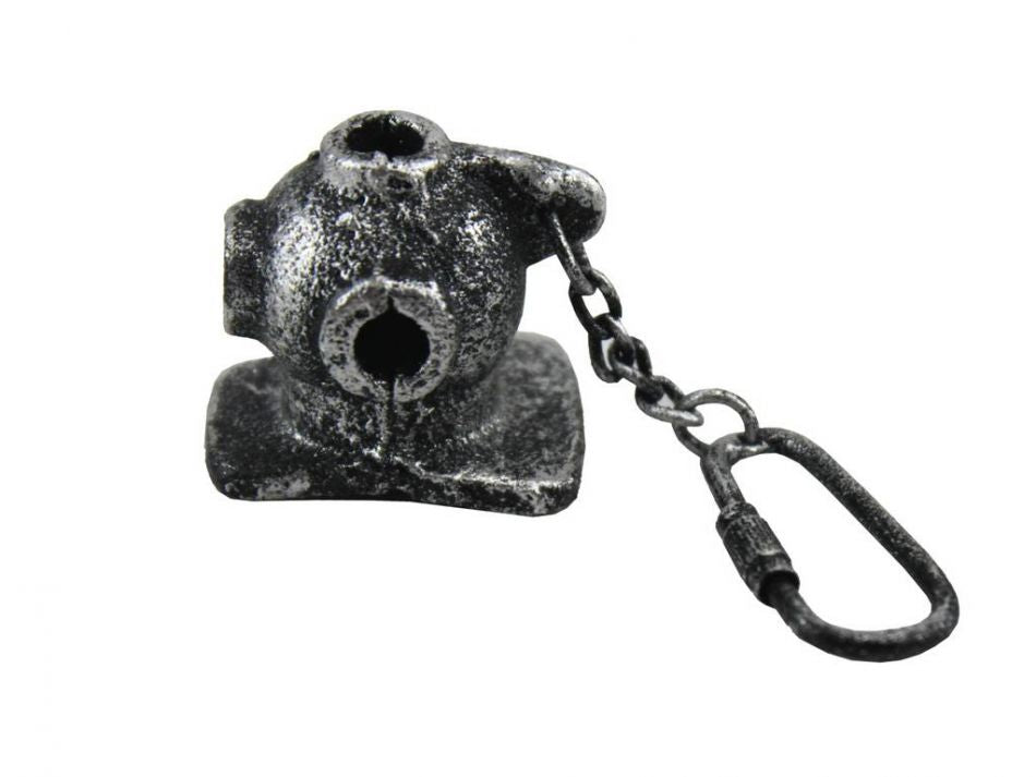 Antique Silver Cast Iron Diver Helmet Key Chain 5""
