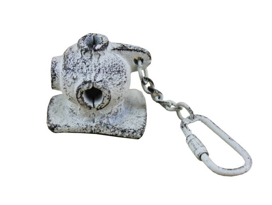 Rustic Whitewashed Cast Iron Diver Helmet Key Chain 5""