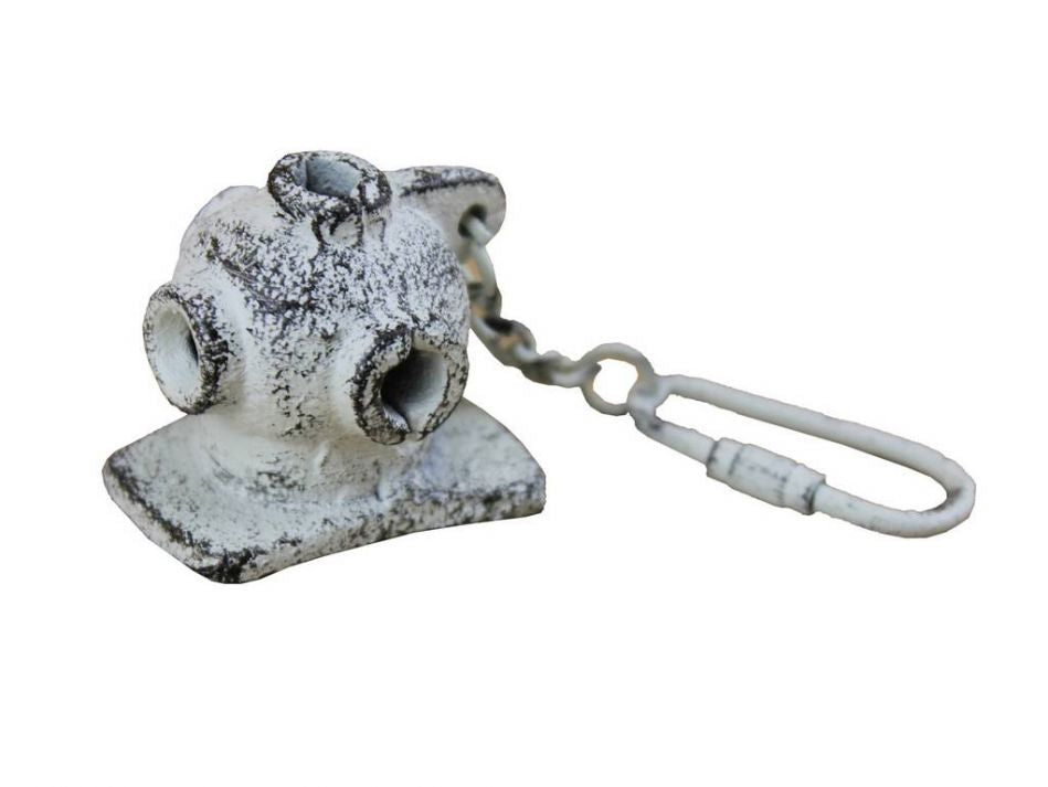 Rustic Whitewashed Cast Iron Diver Helmet Key Chain 5""