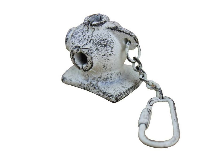 Rustic Whitewashed Cast Iron Diver Helmet Key Chain 5""