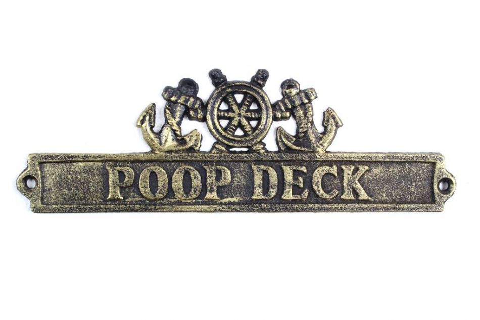 Antique Gold Cast Iron Poop Deck Sign with Ship Wheel and Anchors 9""