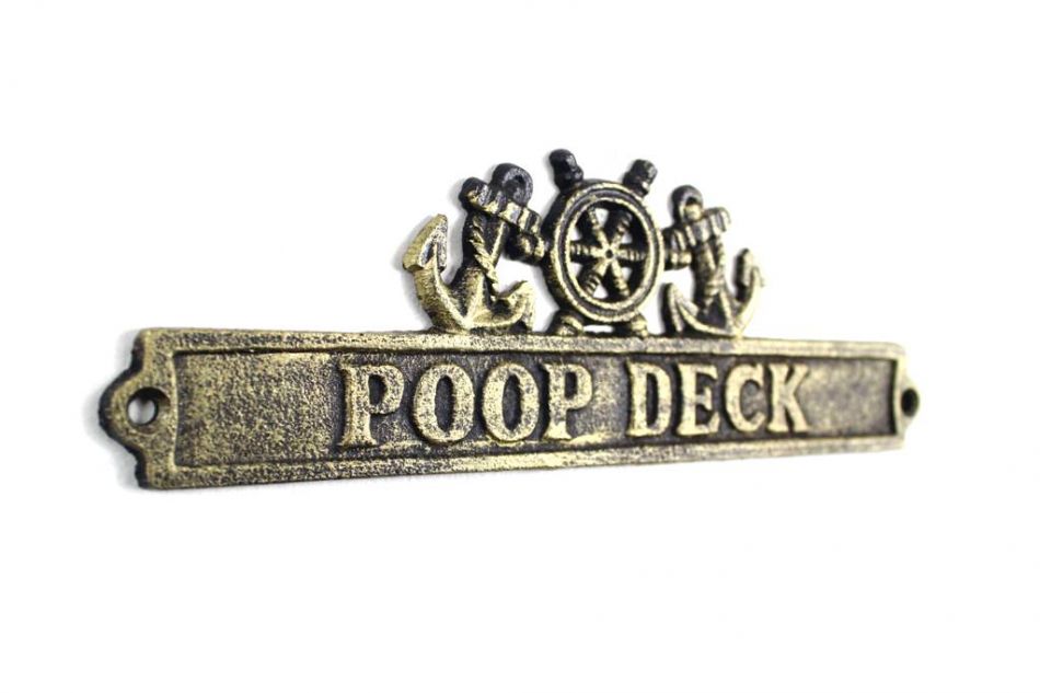 Antique Gold Cast Iron Poop Deck Sign with Ship Wheel and Anchors 9""