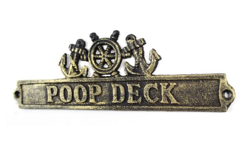 Antique Gold Cast Iron Poop Deck Sign with Ship Wheel and Anchors 9""