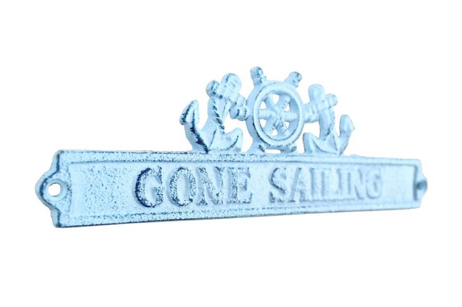 Dark Blue Whitewashed Cast Iron Gone Sailing Sign with Ship Wheel and Anchors 9""