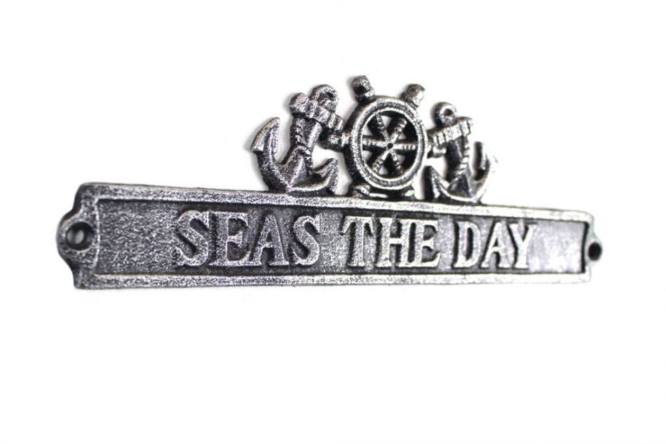 Antique Silver Cast Iron Seas the Day Sign with Ship Wheel and Anchors 9""