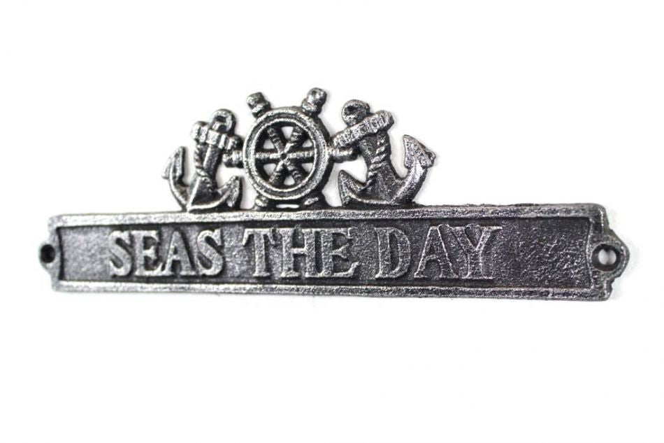Antique Silver Cast Iron Seas the Day Sign with Ship Wheel and Anchors 9""