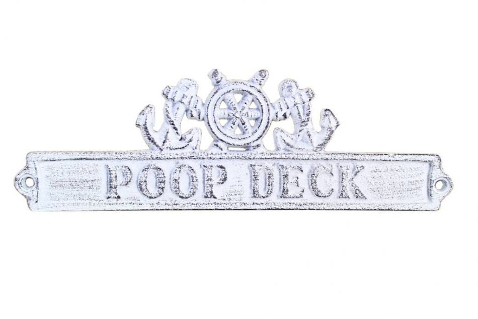 Whitewashed Cast Iron Poop Deck Sign with Ship Wheel and Anchors 9""