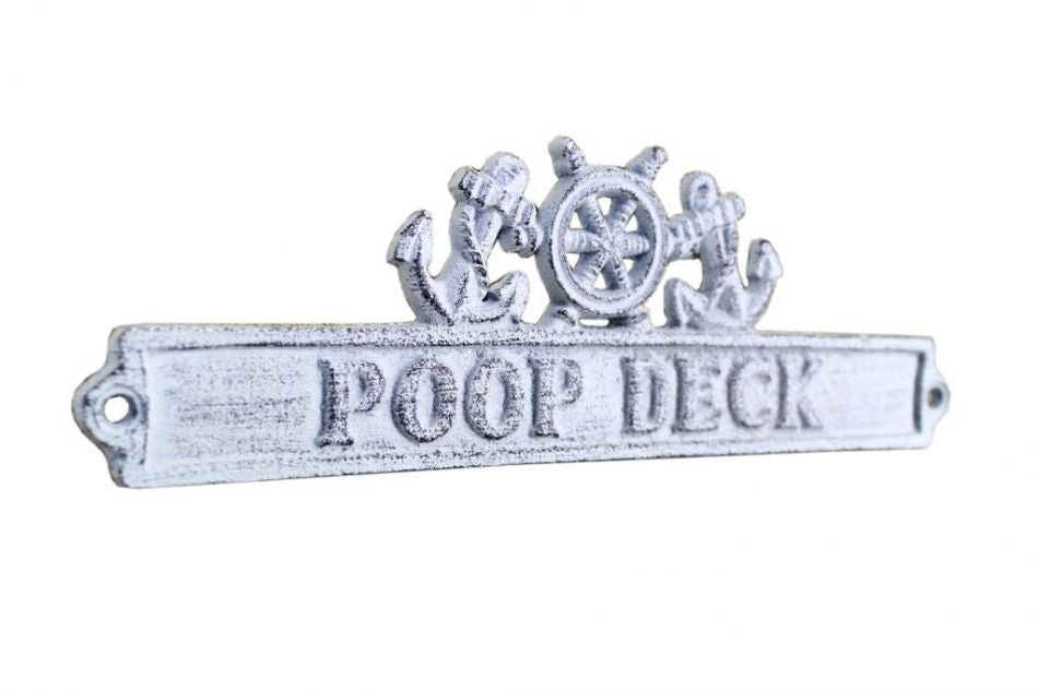 Whitewashed Cast Iron Poop Deck Sign with Ship Wheel and Anchors 9""