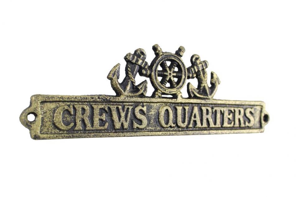 Antique Gold Cast Iron Crews Quarters Sign with Ship Wheel and Anchors 9""