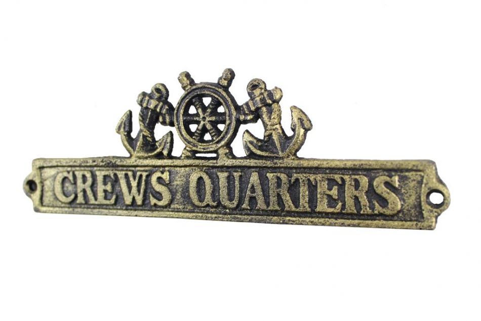 Antique Gold Cast Iron Crews Quarters Sign with Ship Wheel and Anchors 9""