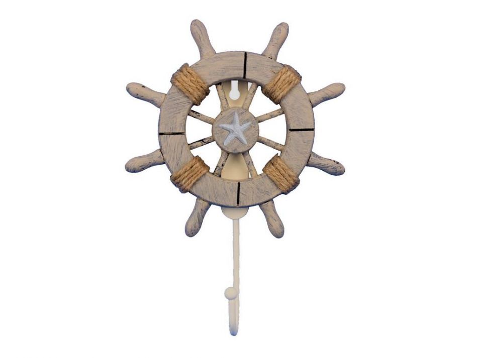 Rustic Decorative Ship Wheel With Starfish and Hook 8""