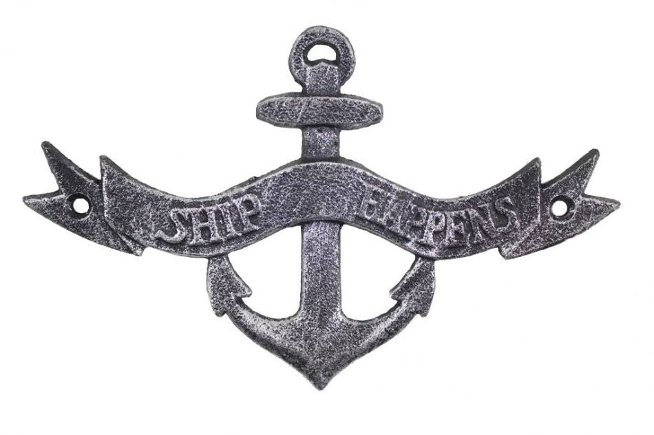 Antique Silver Cast Iron Ship Happens Anchor Sign 8""
